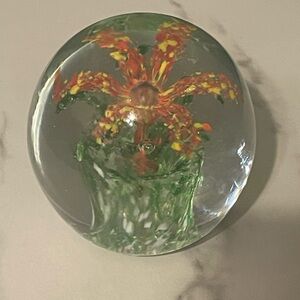 Vintage JAMES ALEX IMP Orange/Green Glass Globe Paperweight w/Sticker Gorgeous!